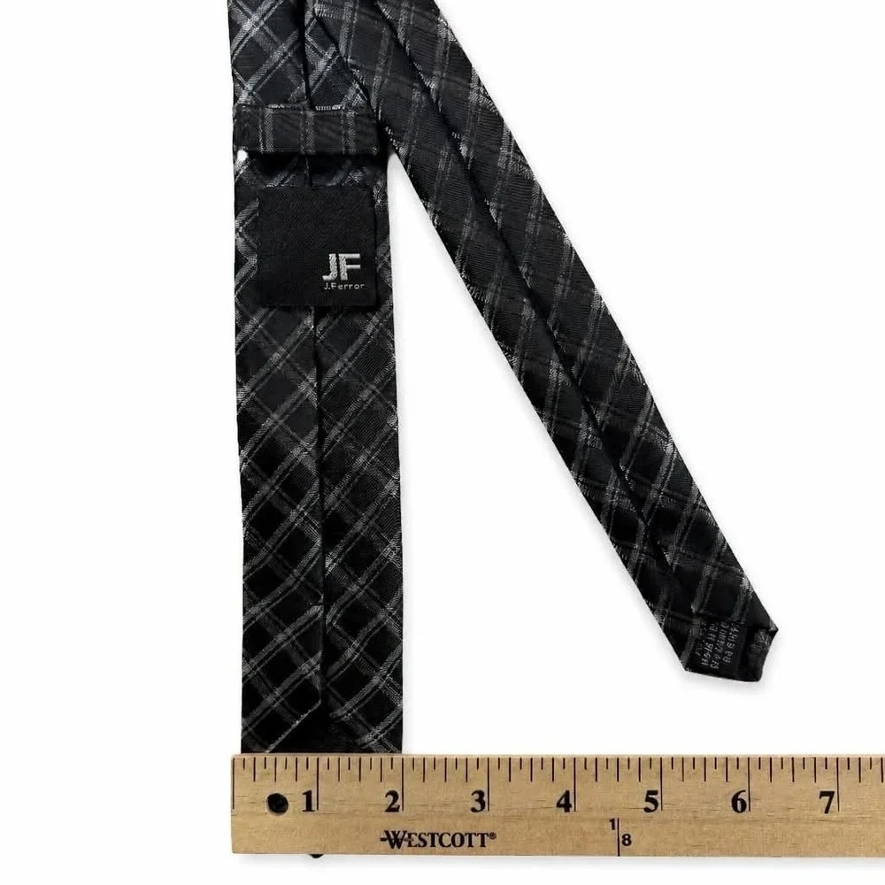 JF J Ferrar Mens Tie Black Silver Gray Plaid Check Grid Polyester Necktie